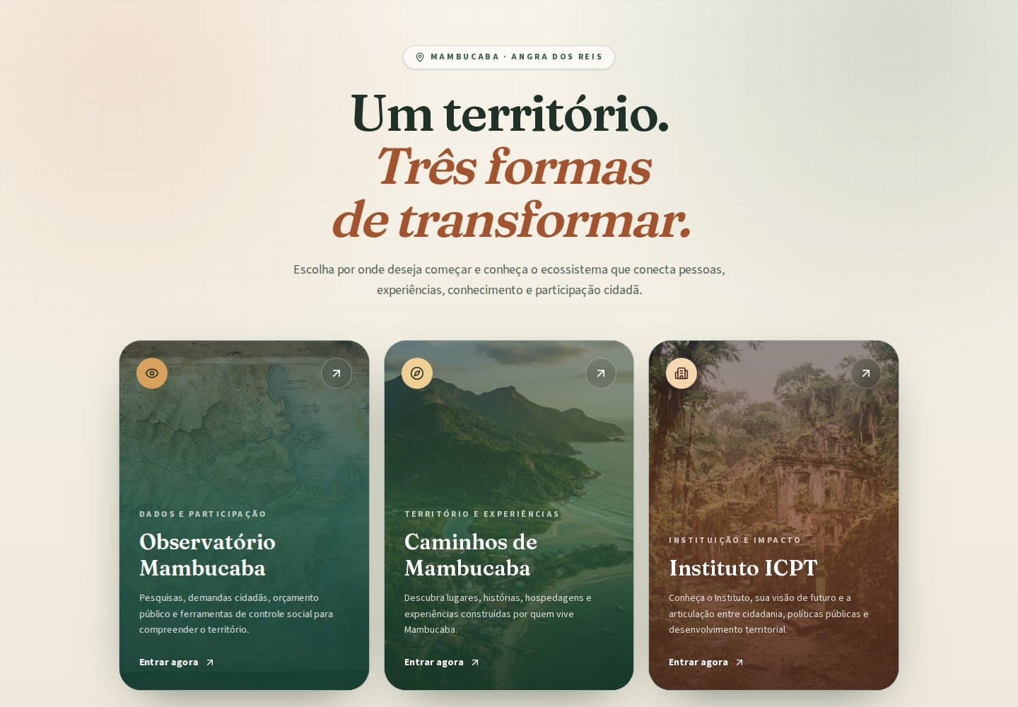 Página inicial publicada do Caminhos de Mambucaba, plataforma de descoberta territorial
